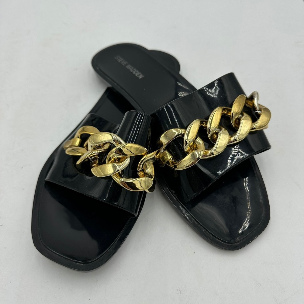 Steve Madden Black Jelly Slide Sandals Gold Chain Accent Women Size 9